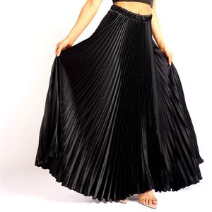 Elastic High Waist A-Line Pleated Satin Maxi Skirt
